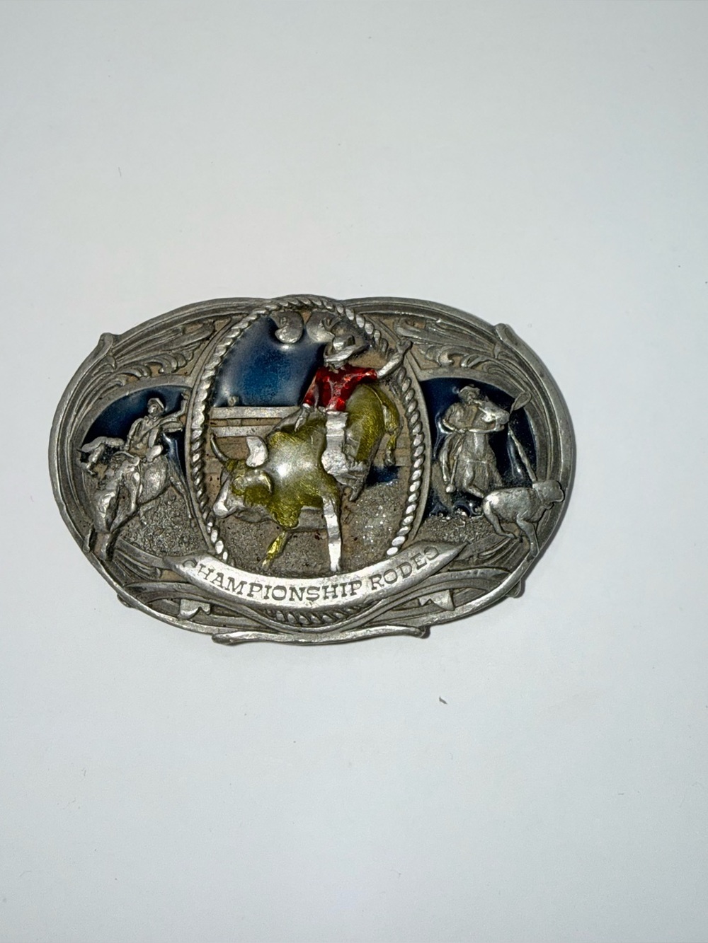1987 Bergamot Championship Rodeo Belt Buckle Colored Enamel Bull Riding